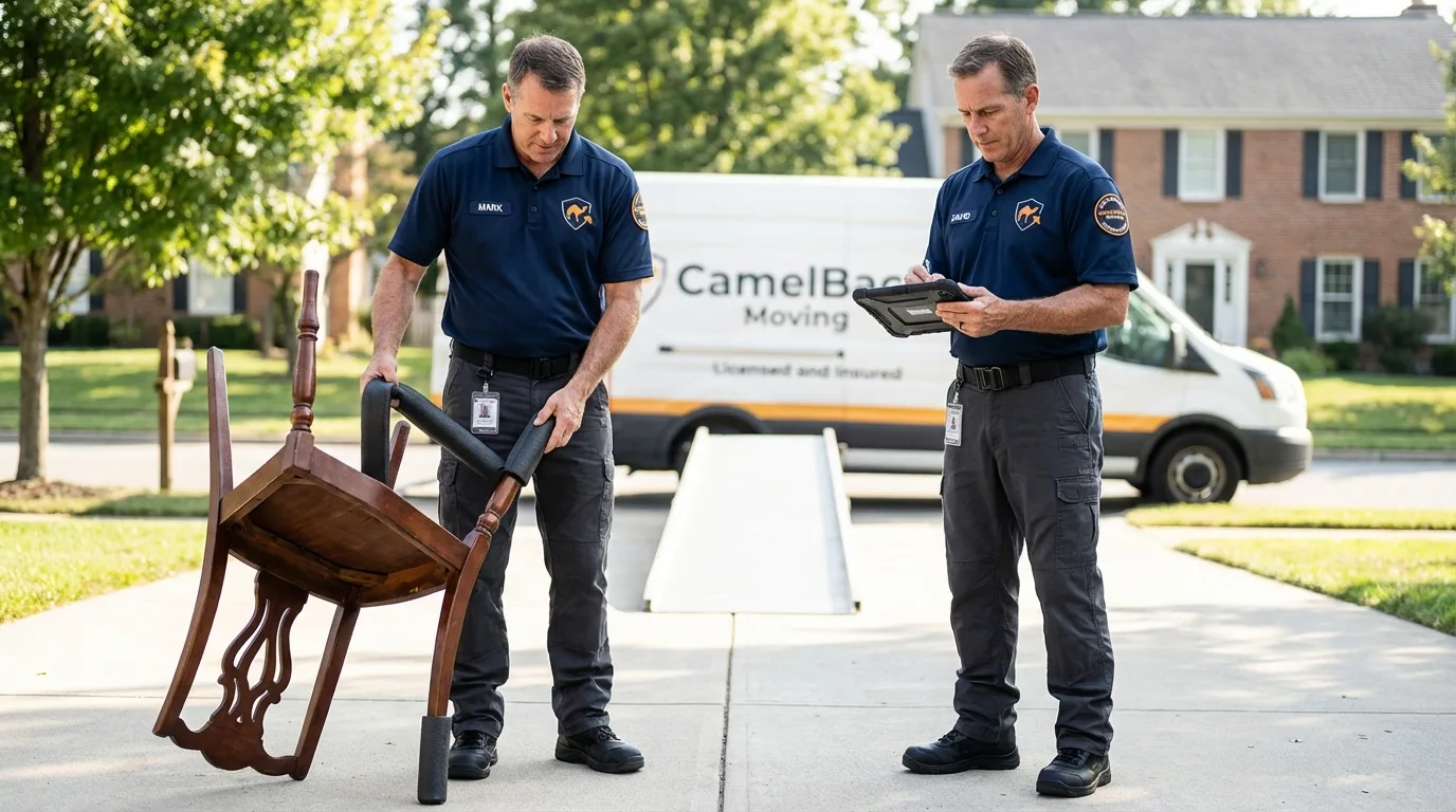 Movers inspecting furniture for damage prevention before loading in Doylestown, PA